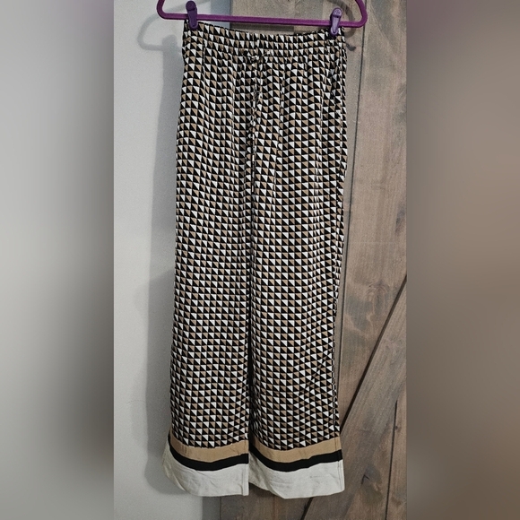 H&M Twill Satin Drawstring Wide Leg Patterened Trouser In Beige/black. Size SM - Picture 13 of 16